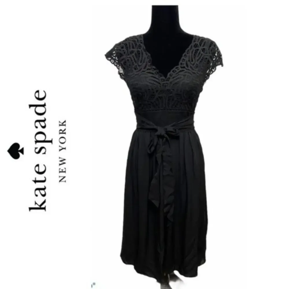 Kate Spade Macrame Black Lace Silk Midi Dress Belt Tie Women's Size 2